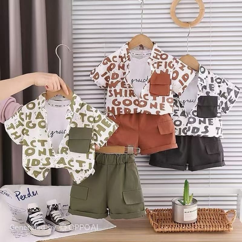 Boys Korean Style 3-Piece Co-Ord Set | Printed Shirt, T-Shirt & Cargo Shorts for Kids