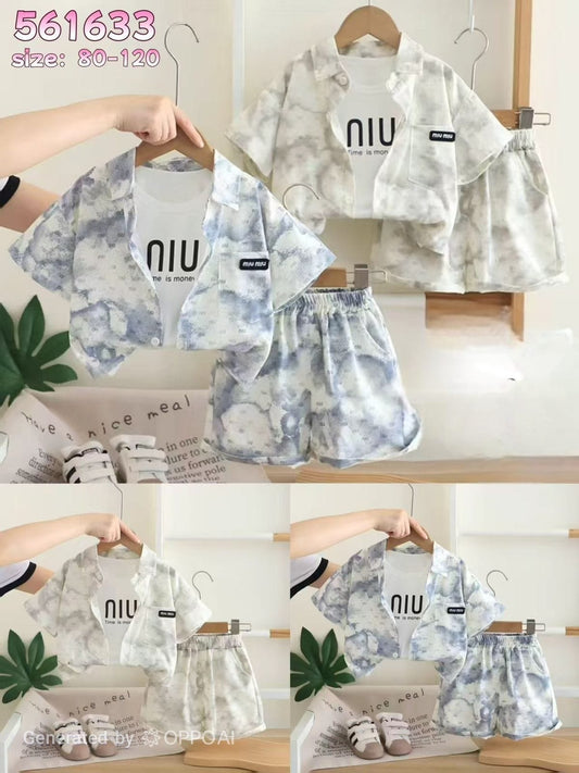Boys Korean Style 3-Piece Co-Ord Set | Printed Shirt, T-Shirt & Cargo Shorts for Kids